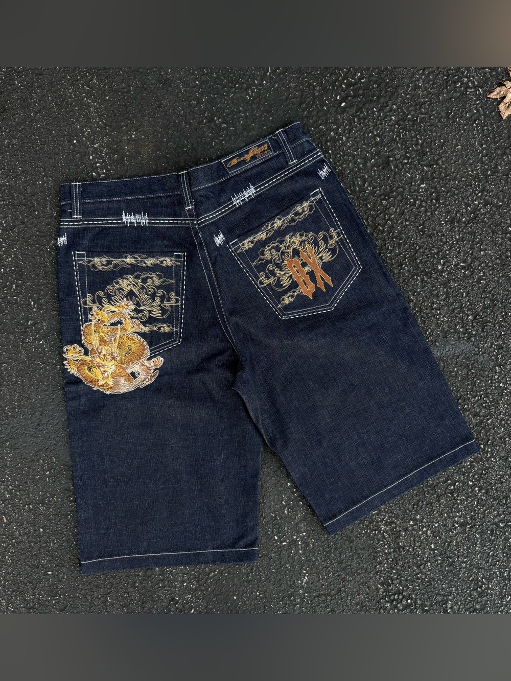 VINTAGE Y2K Brooklyn Xpress Dragon Demin Jorts Indigo Sz 38 Baggy Wide BX70 USA